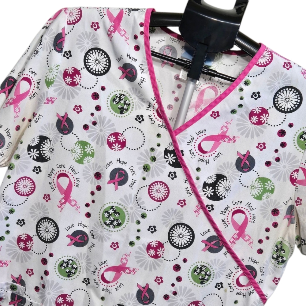 SB Scrubs Breast Cancer Awareness Pink‎ Ribbon Mock Wrap Top Medium SB33M755